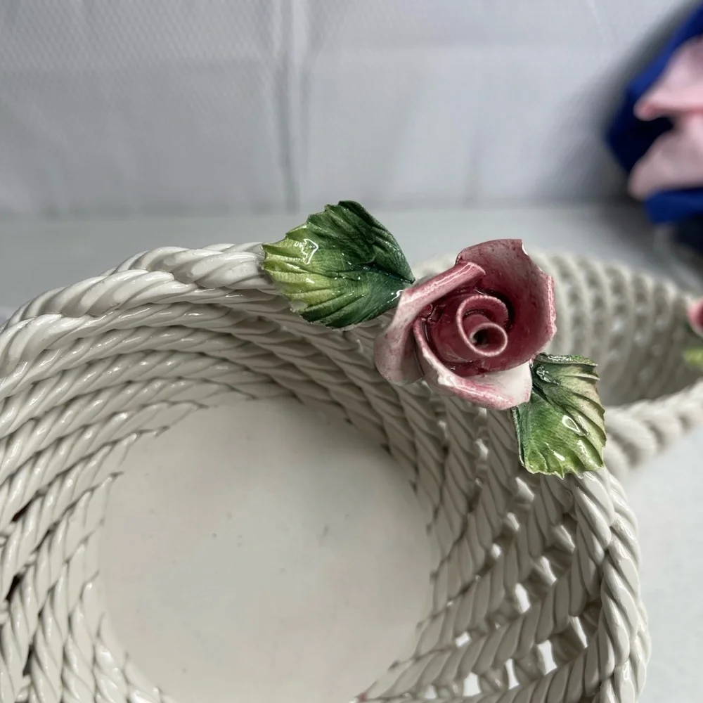 Made in Italy Italian 2 small porcelain woven baskets with flowers atop baskets